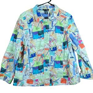 Attyre New York Women Jacket White Multicolored Travel Pattern Button Stretch XL